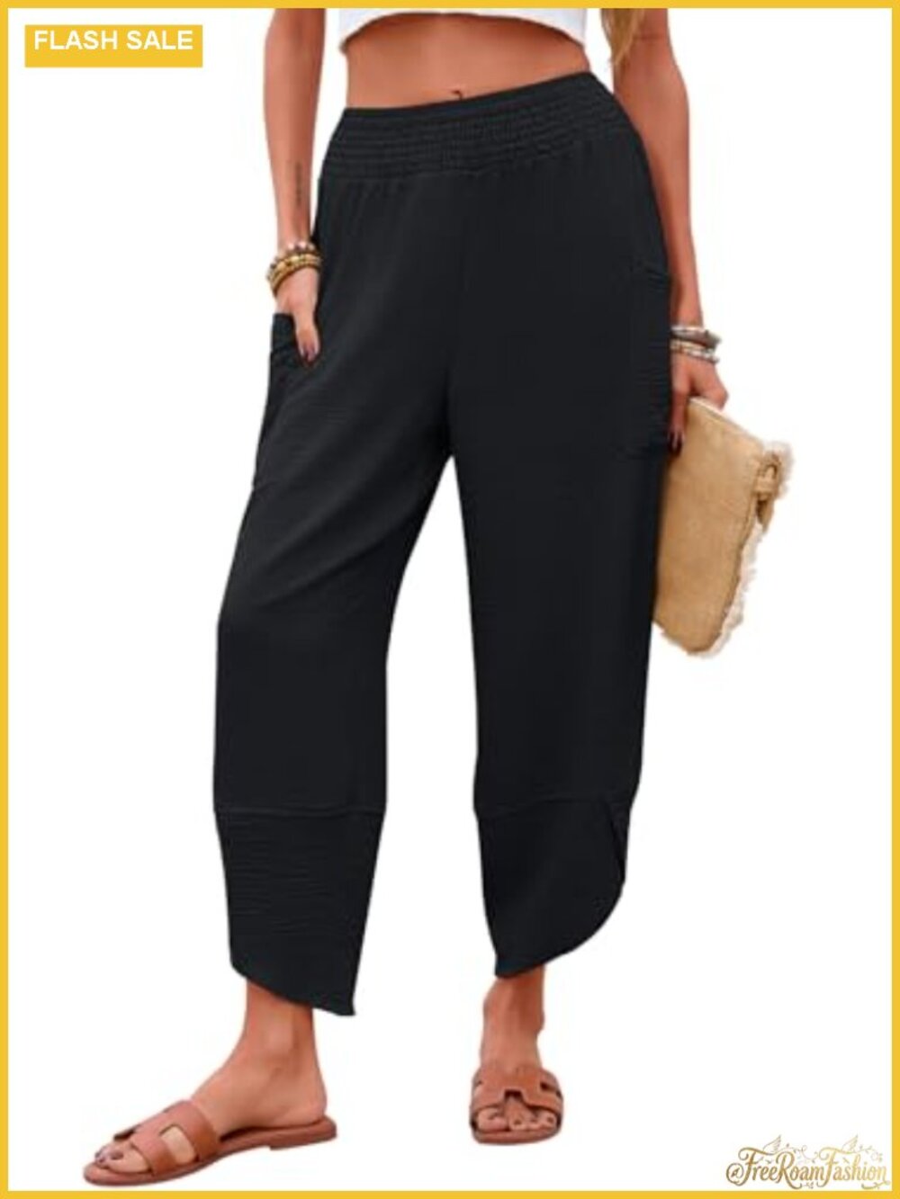 Womens Wide Leg Capri Pants Smocked Waist Baggy Harem Cropped Vacation Pockets
